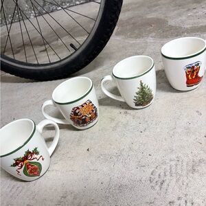 4 CHRISTOPHER RADKO Festive White Ceramic Holiday Mugs with Green Trim - l